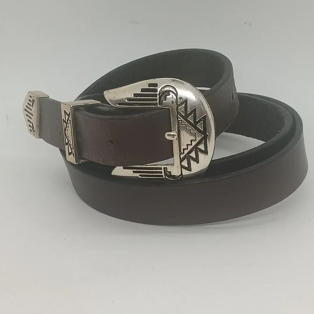 Vintage Leather Western Belt Silver Tone Brown Size 37-42 Southwestern